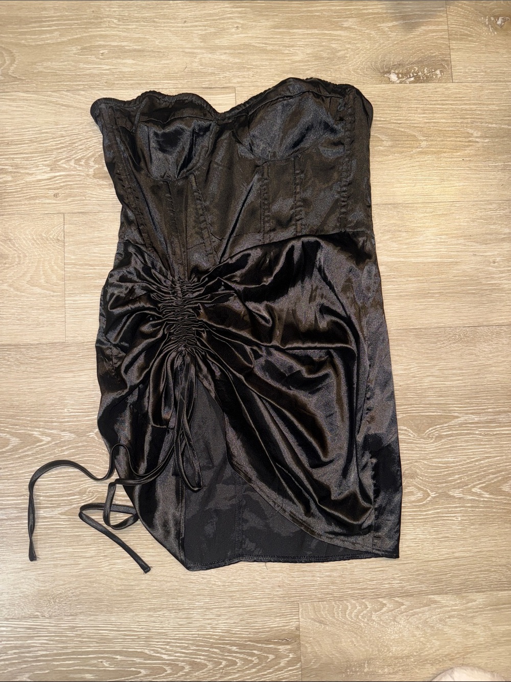 PrettyLittleThing Black Strapless Satin Ruched Mini Dress